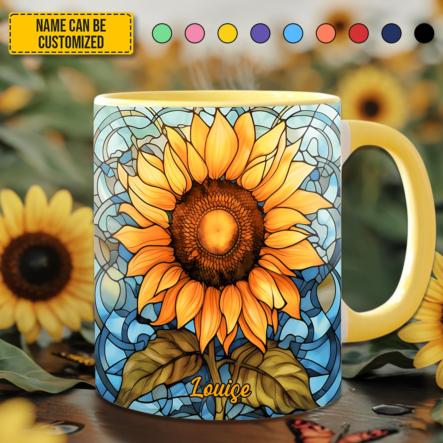 Stained Glass Sunflower - Personalized Sunflower Accent Mug