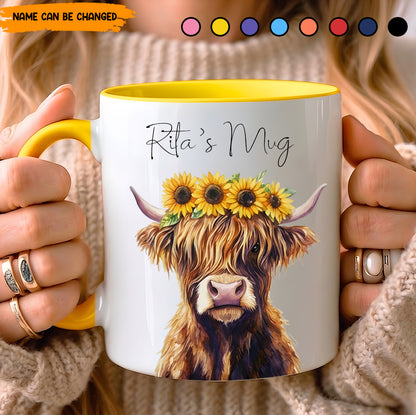 Highland Cow With Sunflower Accent Mug - Personalized Accent Mug