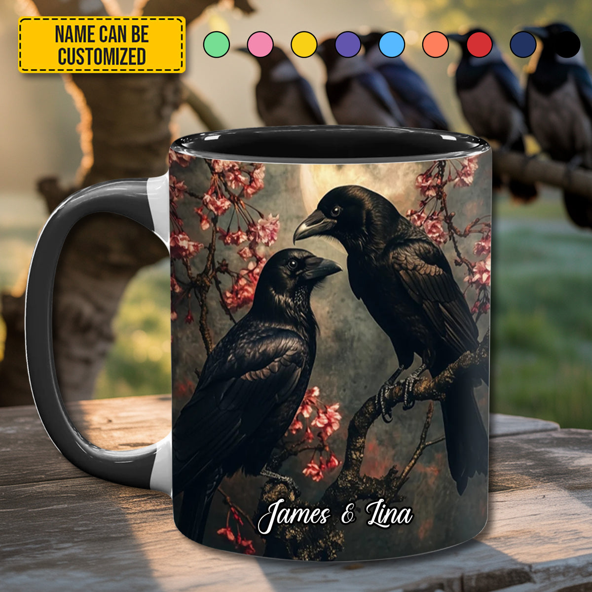 Eternal Bond – Personalized Couple Raven Accent Mug
