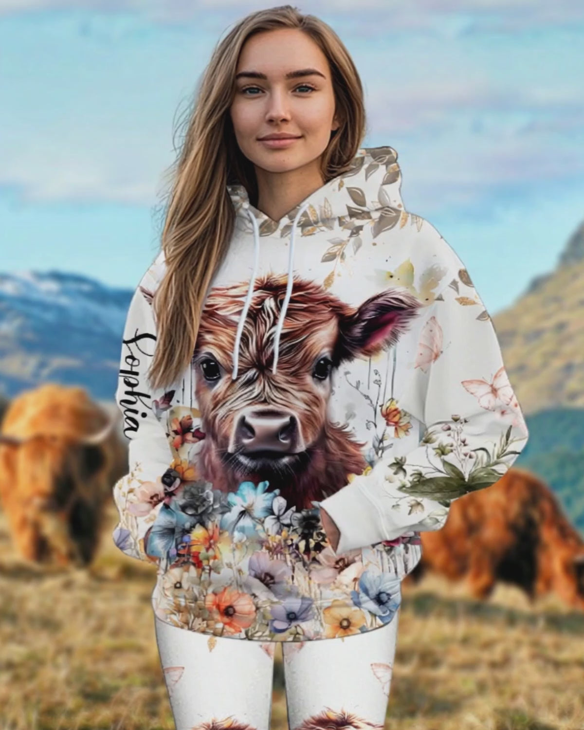 Highland Cow Floral - Personalized Hoodie and Leggings