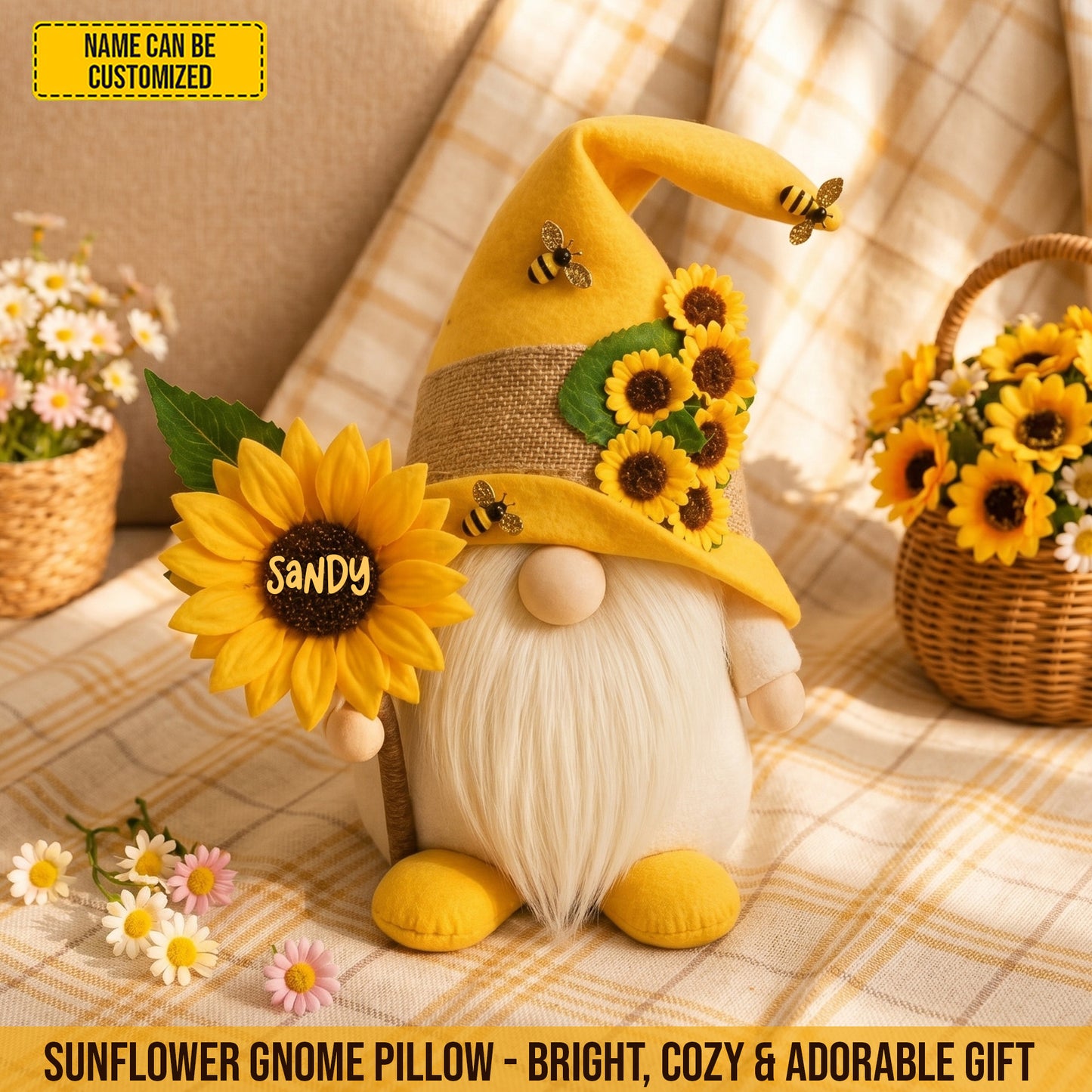 Personalized Sunflower Gnome Custom Shaped Pillow