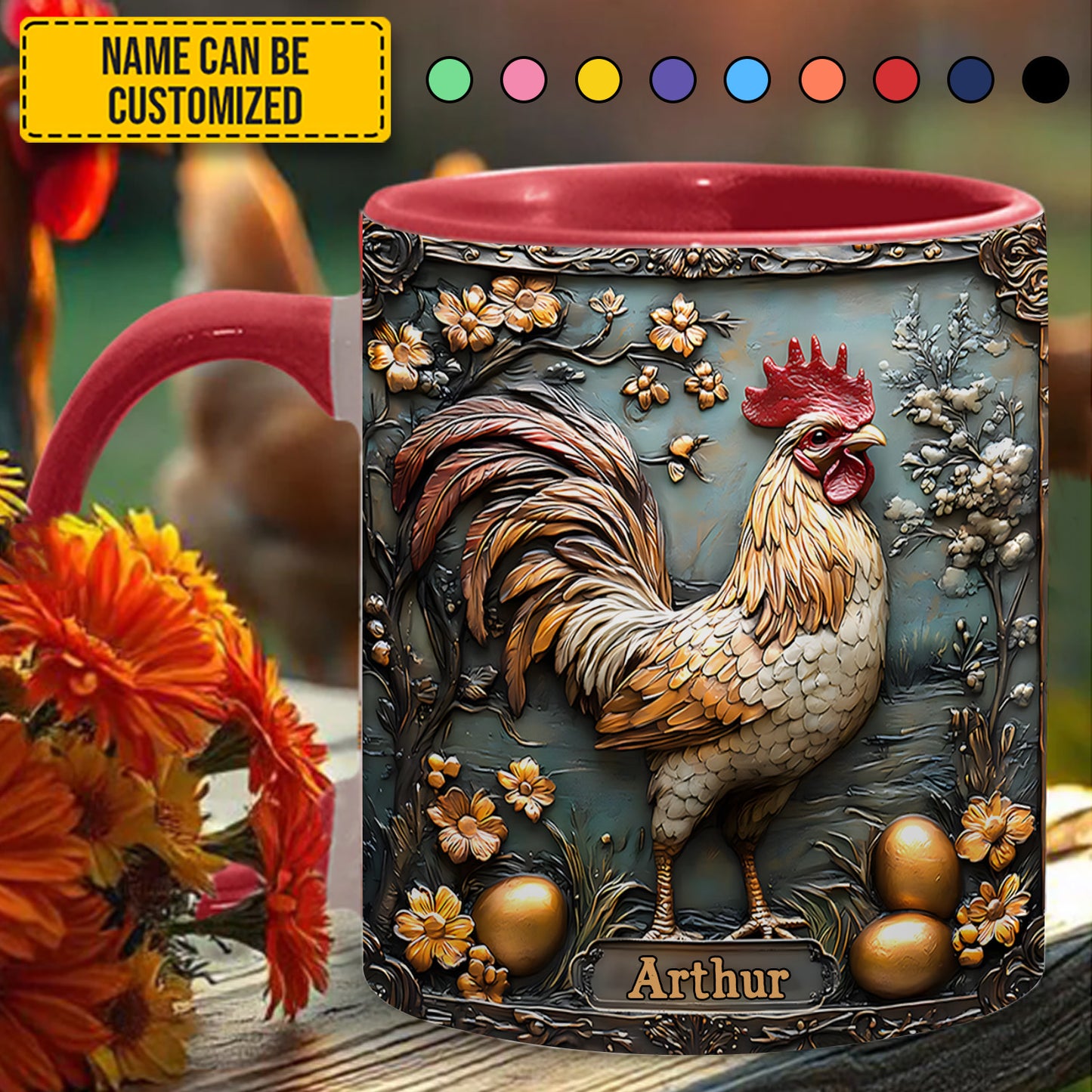 Rooster & Golden Eggs - Personalized Chicken Accent Mug
