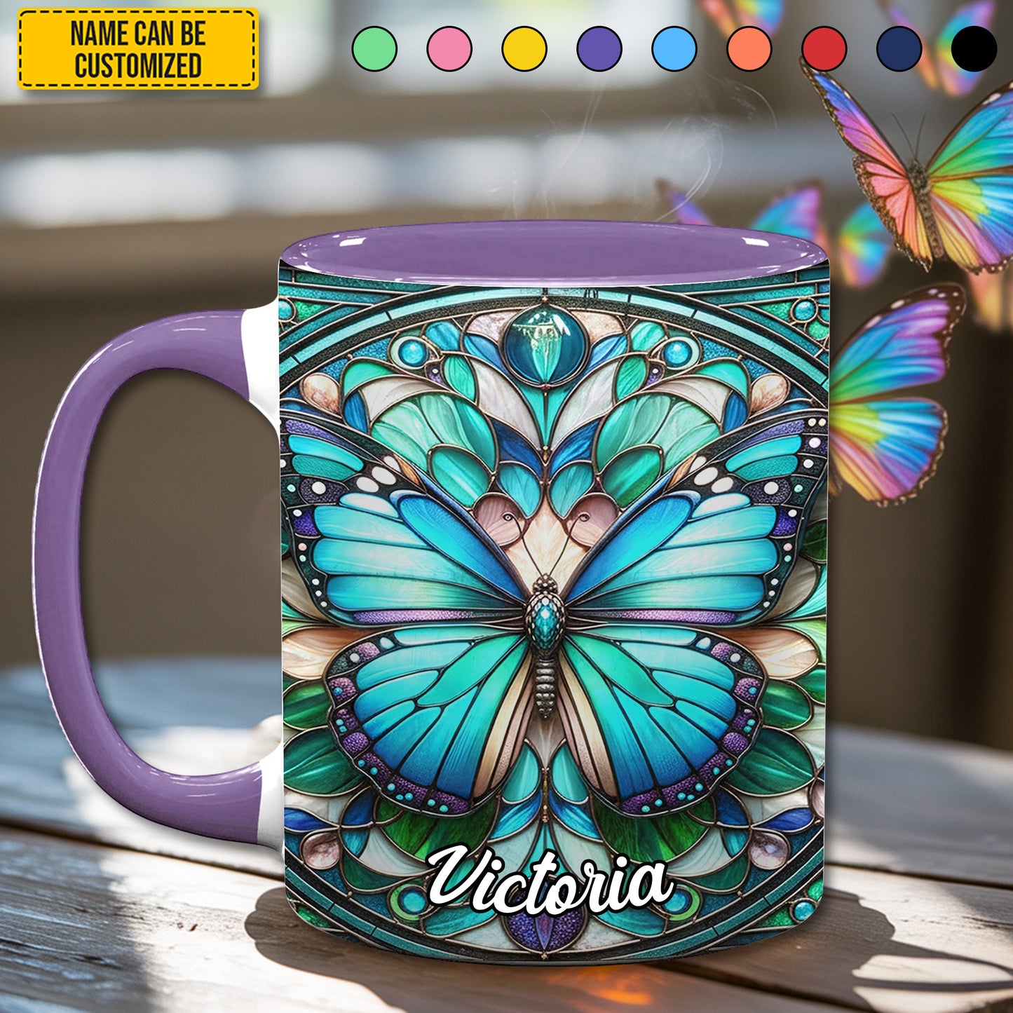 Stained Glass Butterfly - Personalized Butterfly Accent Mug