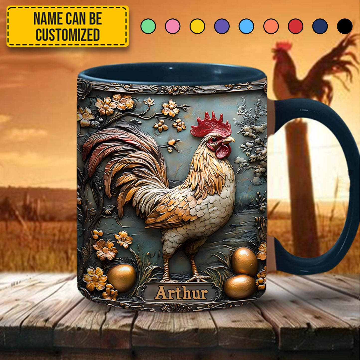 Rooster & Golden Eggs - Personalized Chicken Accent Mug