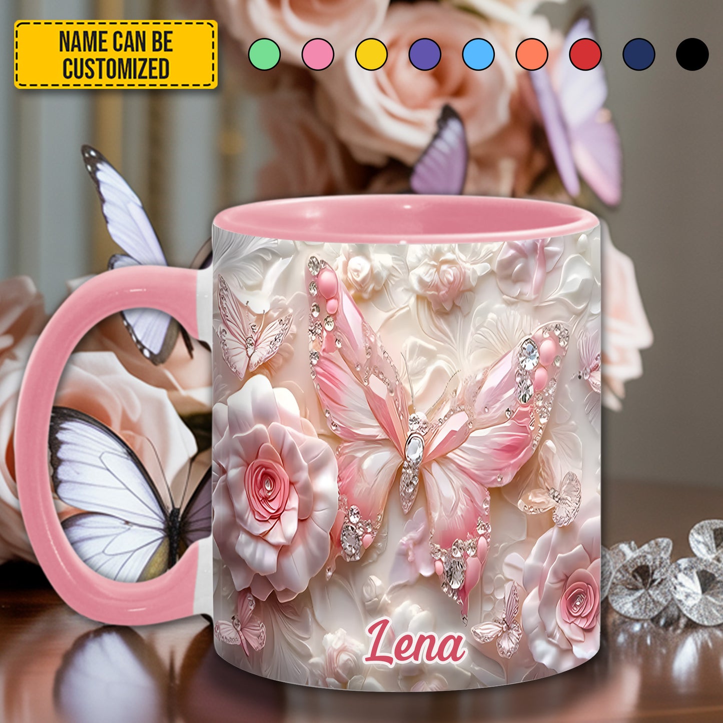 Personalized Pink Butterfly & Flower Accent Mug