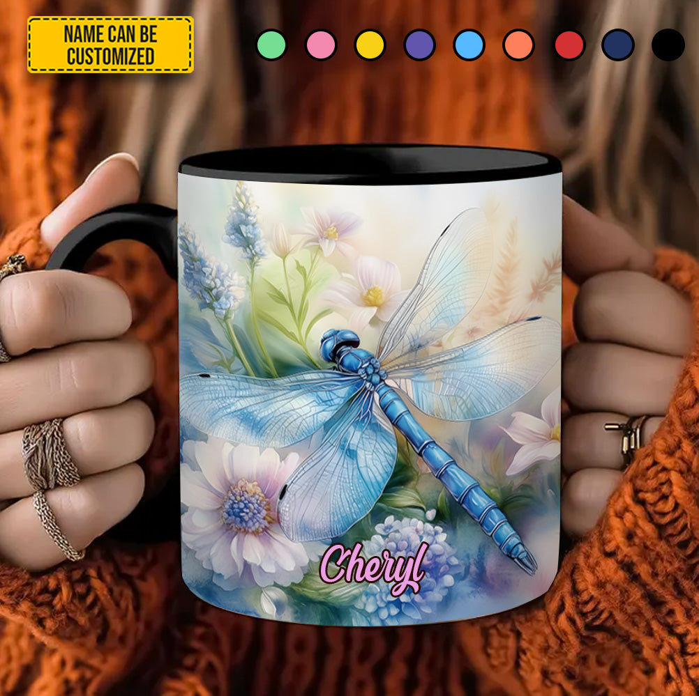 Dragonfly Flowers - Personalized Dragonfly Accent Mug