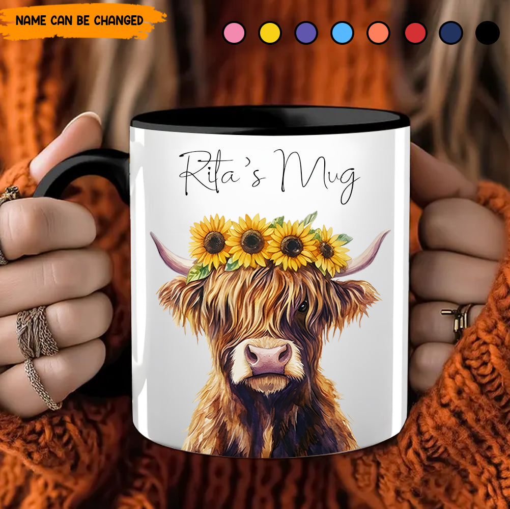 Highland Cow With Sunflower Accent Mug - Personalized Accent Mug