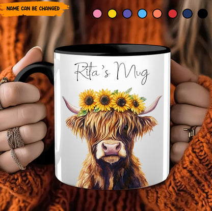 Highland Cow With Sunflower Accent Mug - Personalized Accent Mug