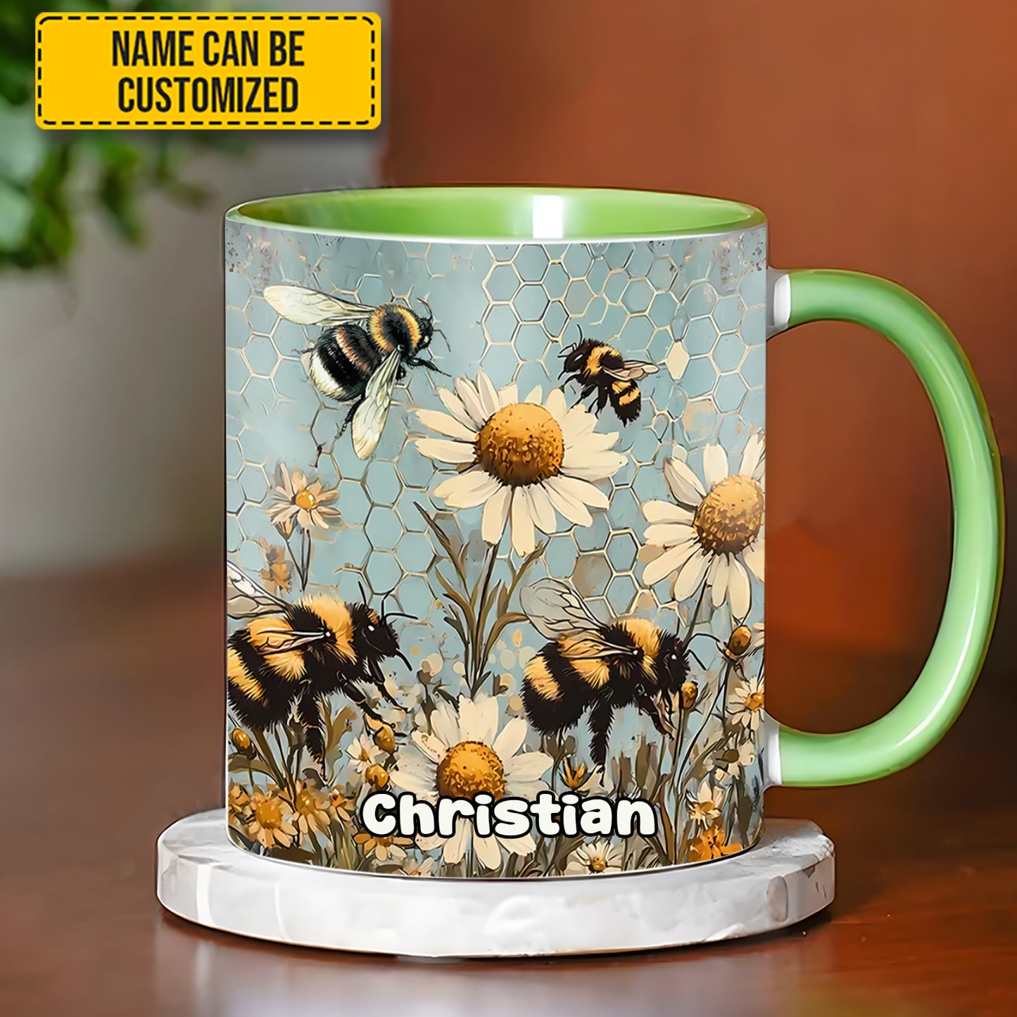 Vintage Garden Bee Floral Daisy  - Personalized Bee Accent Mug