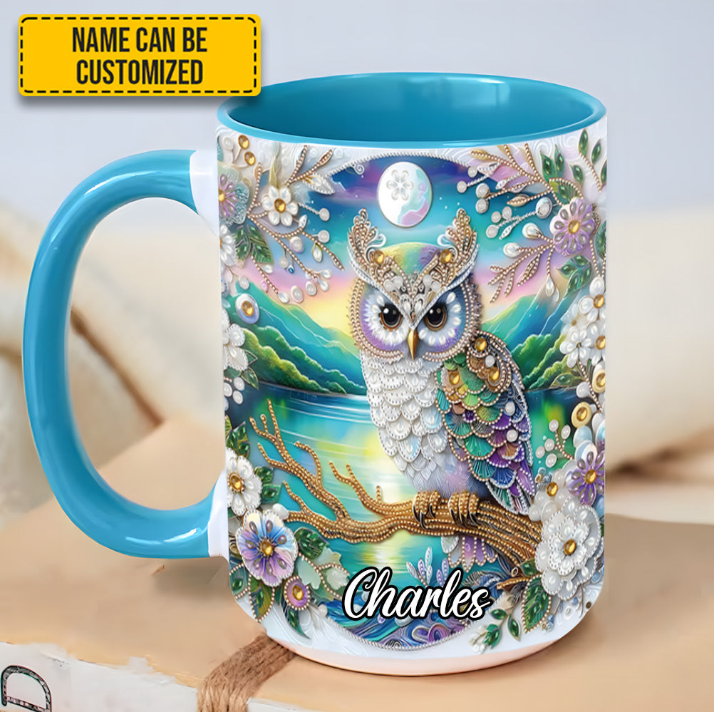 Owl Flower Pattern Diamond - Personalized Owl Accent Mug