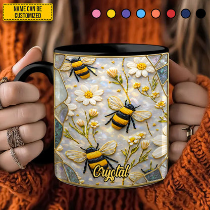 Bee Floral Daisy Stained Glass  - Personalized Bee Accent Mug