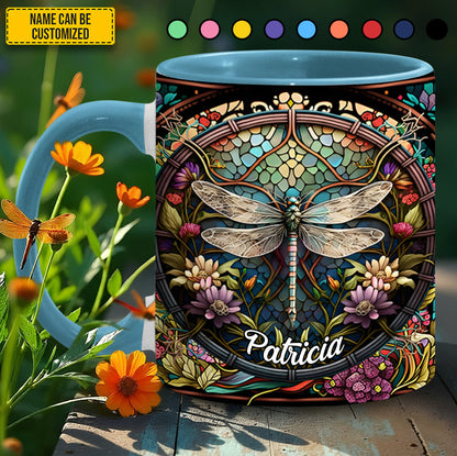 Dragonfly Stained Glass With Flowes - Personalized Dragonfly Accent Mug