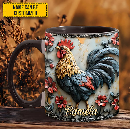 Rooster and Vibrant Flowers - Personalized Chicken Accent Mug