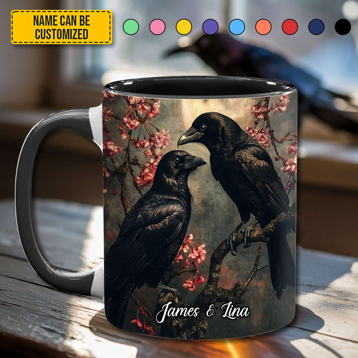 Eternal Bond – Personalized Couple Raven Accent Mug