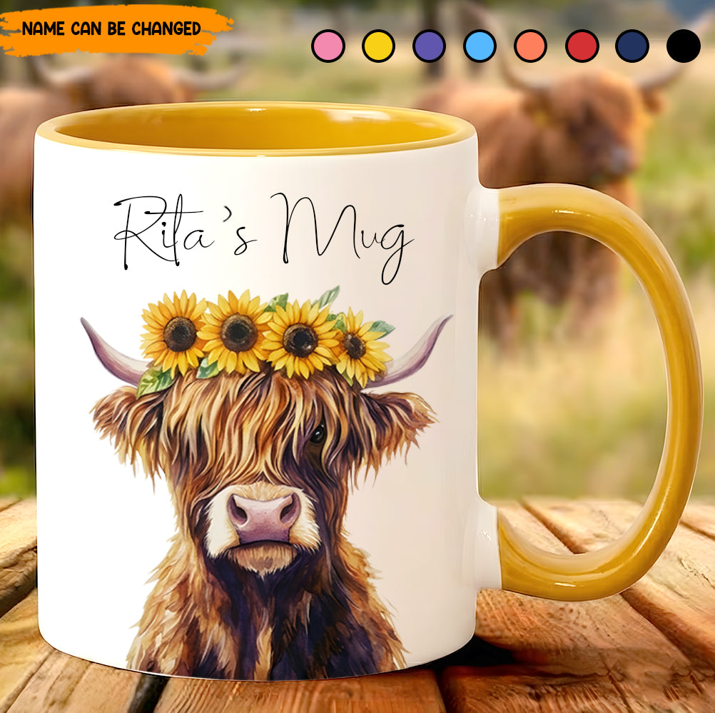 Highland Cow With Sunflower Accent Mug - Personalized Accent Mug