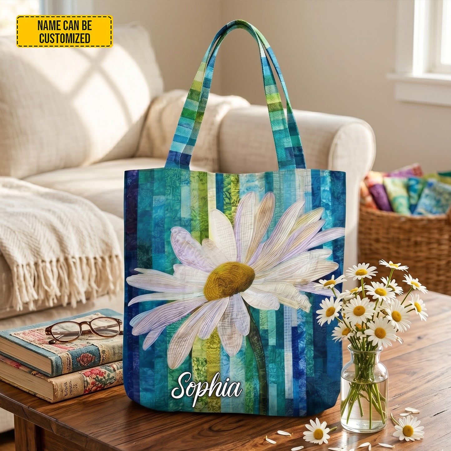 Personalized Daisy Pattern Tote Bag
