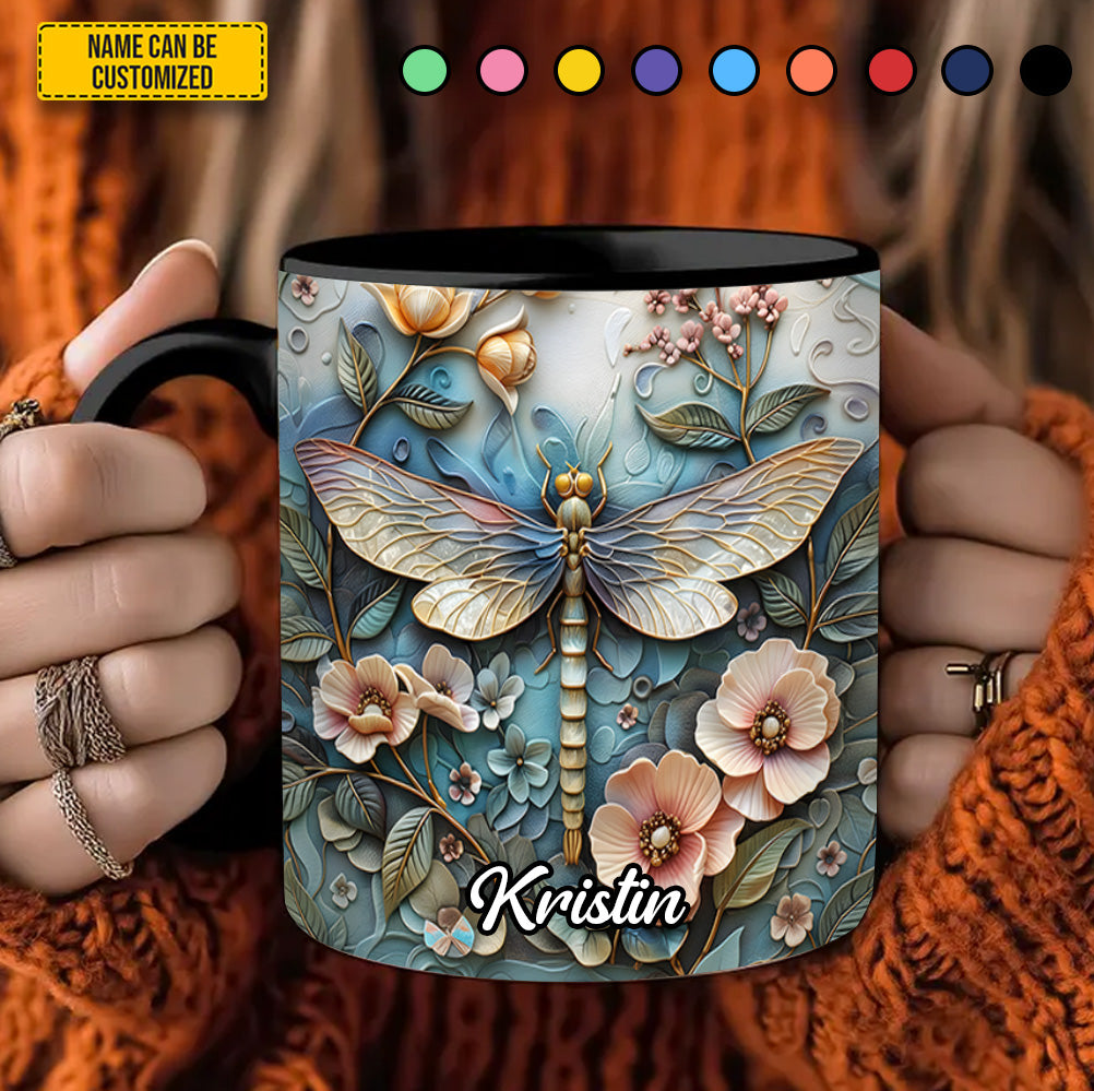 Dragonfly Flowers - Personalized Dragonfly Accent Mug