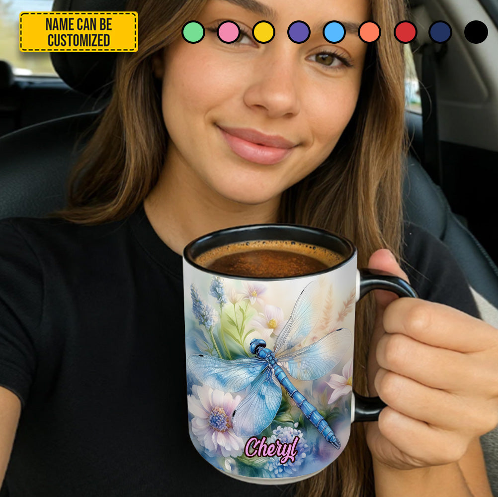 Dragonfly Flowers - Personalized Dragonfly Accent Mug
