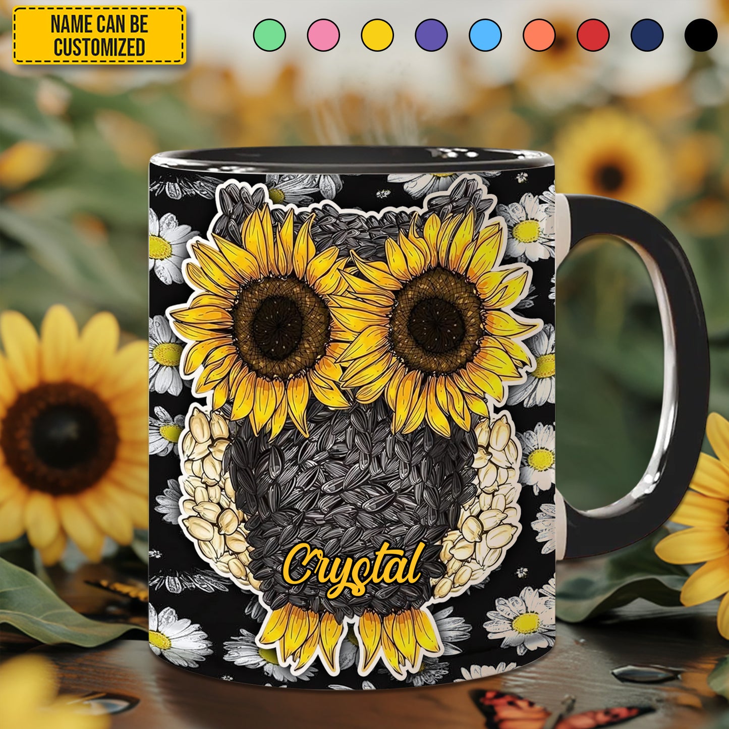 Owl Sunflower Daisy - Personalized Owl Accent Mug