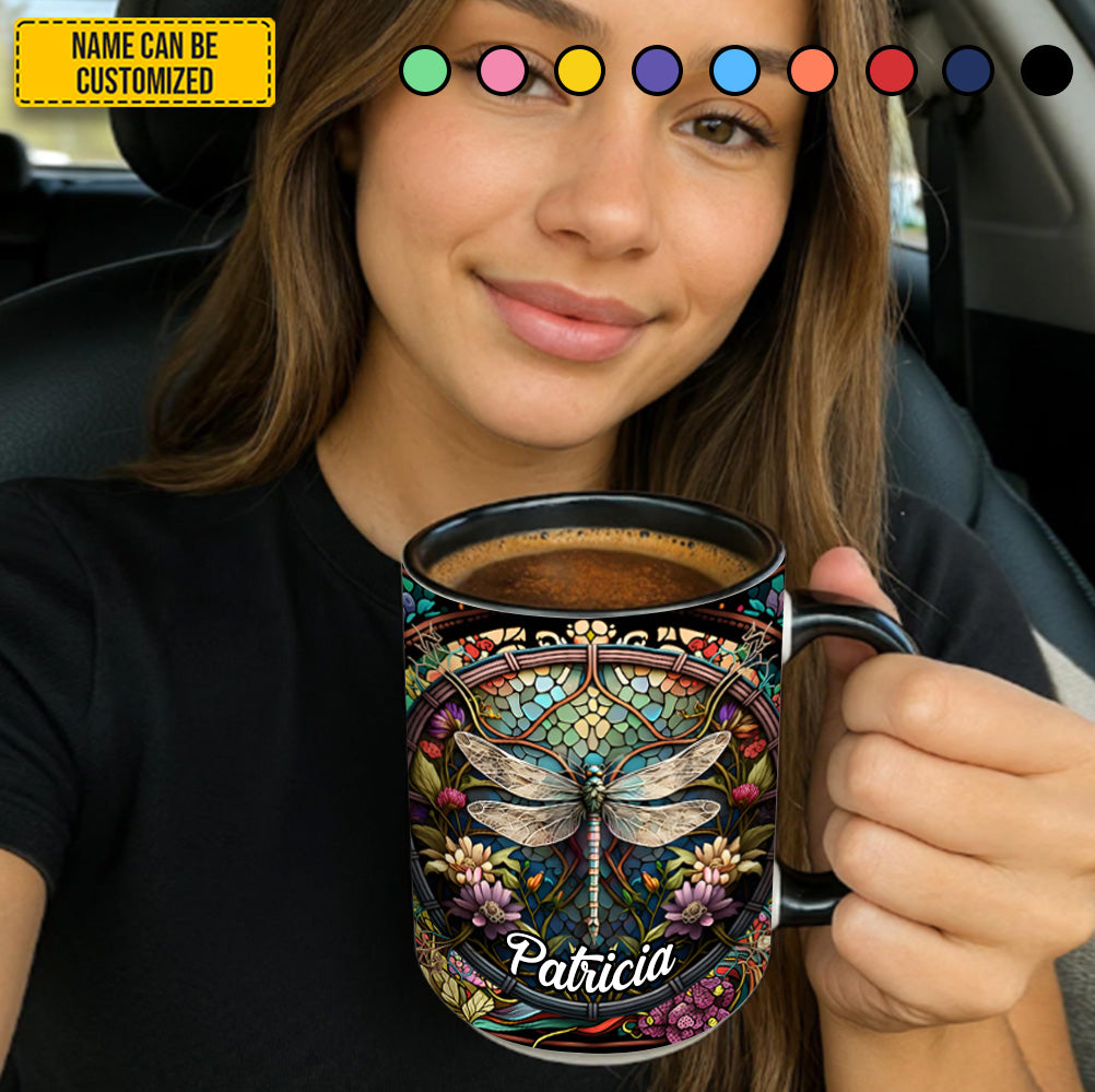 Dragonfly Stained Glass With Flowes - Personalized Dragonfly Accent Mug