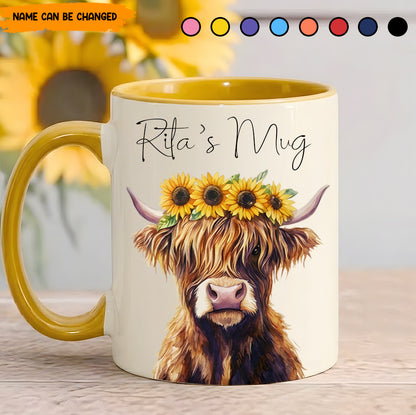 Highland Cow With Sunflower Accent Mug - Personalized Accent Mug