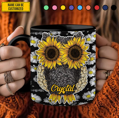 Owl Sunflower Daisy - Personalized Owl Accent Mug