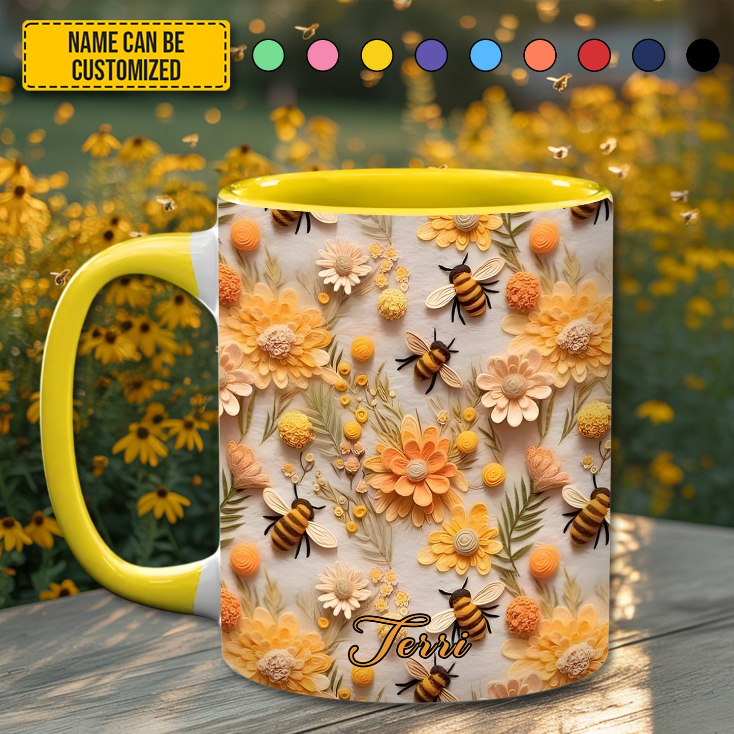 Personalized Honey Bee With Flowers Accent Mug