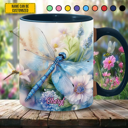 Dragonfly Flowers - Personalized Dragonfly Accent Mug
