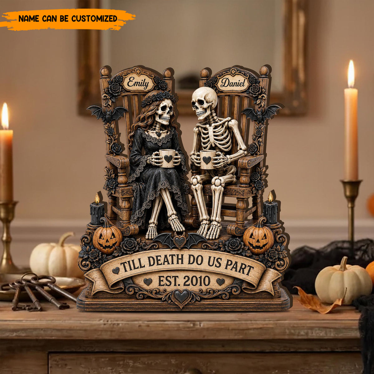 Personalized Skeleton Couple Wooden Block, Custom Gothic Wedding & Halloween Gift