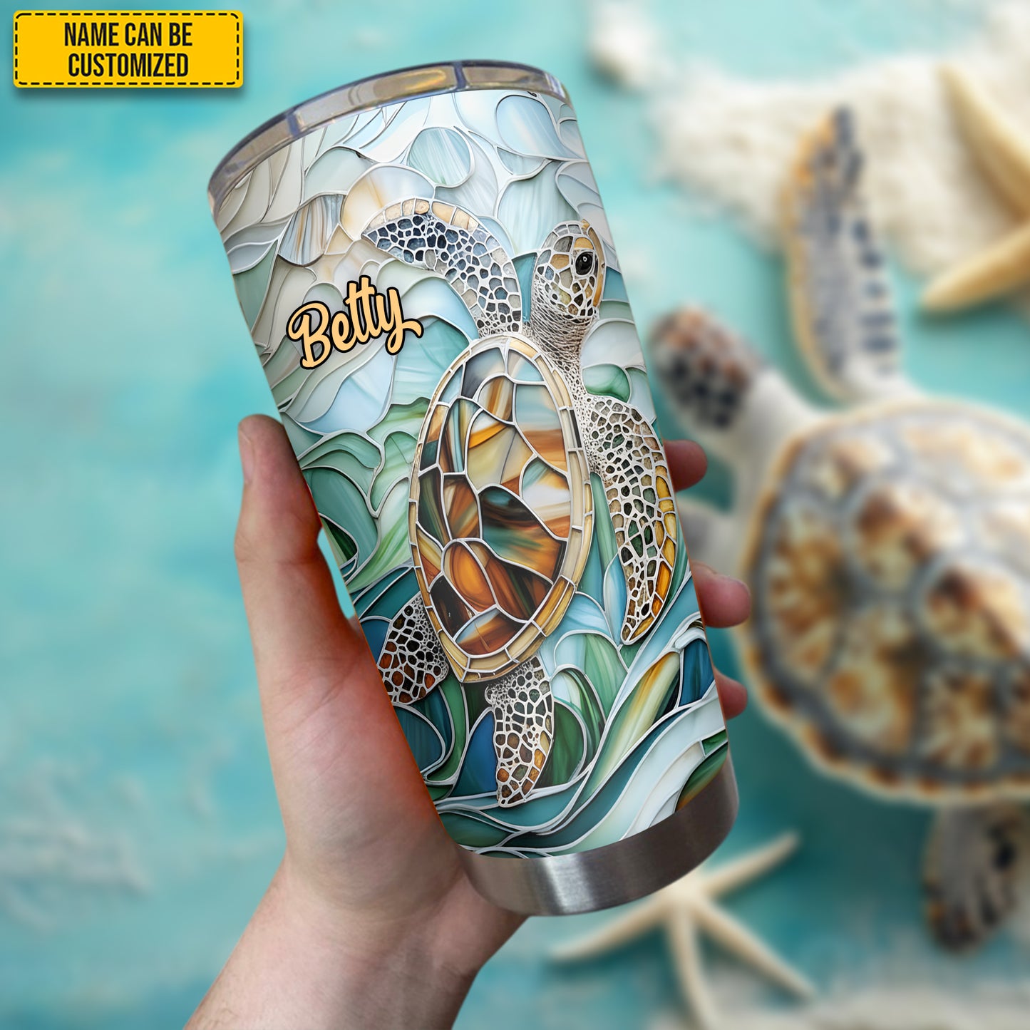 Turtle & Ocean Stained Glass - Personalized Turtle Tumbler