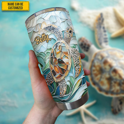 Turtle & Ocean Stained Glass - Personalized Turtle Tumbler