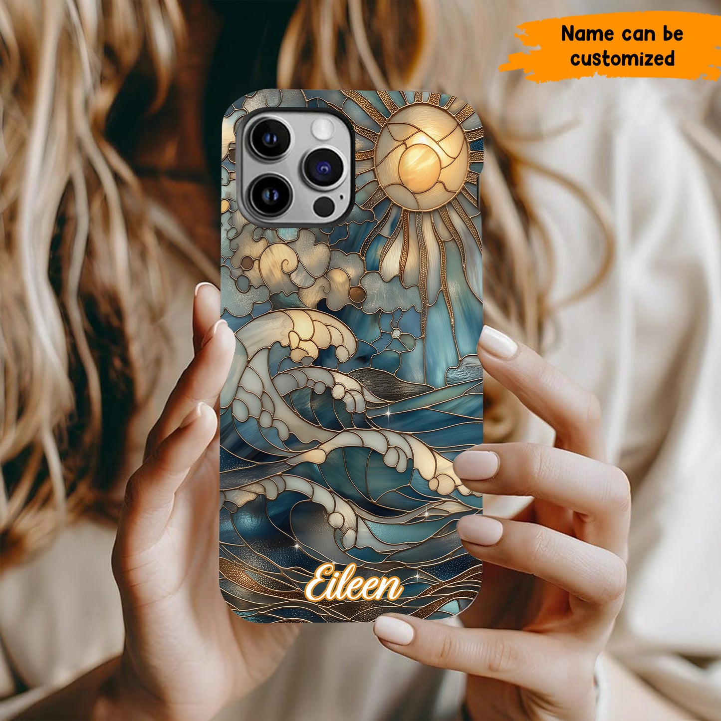 Personalized Ocean Waves & Sun Phone Case – Stained Glass Style