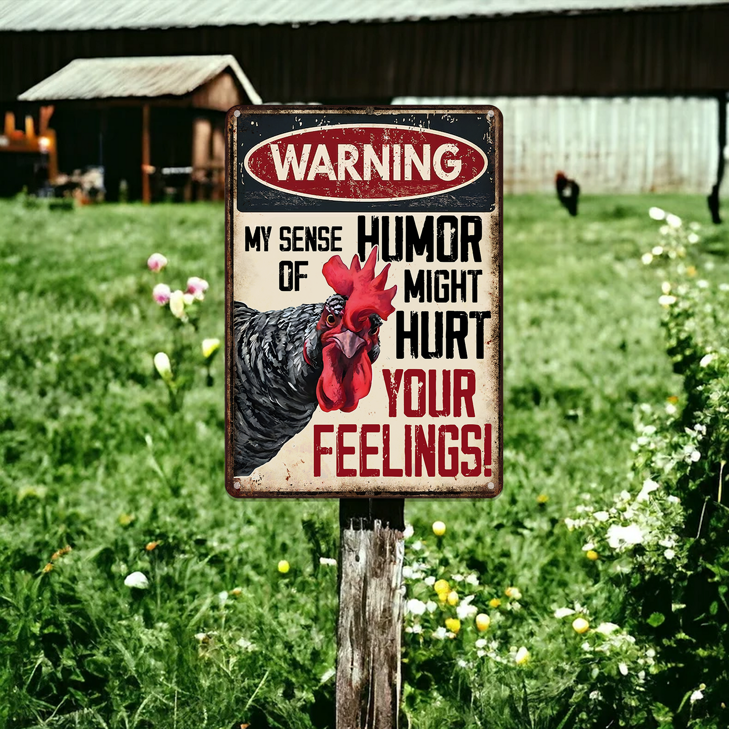 Warning My Sense Of Humor Might Hurt Your Feelings- Funny Chicken Metal Sign
