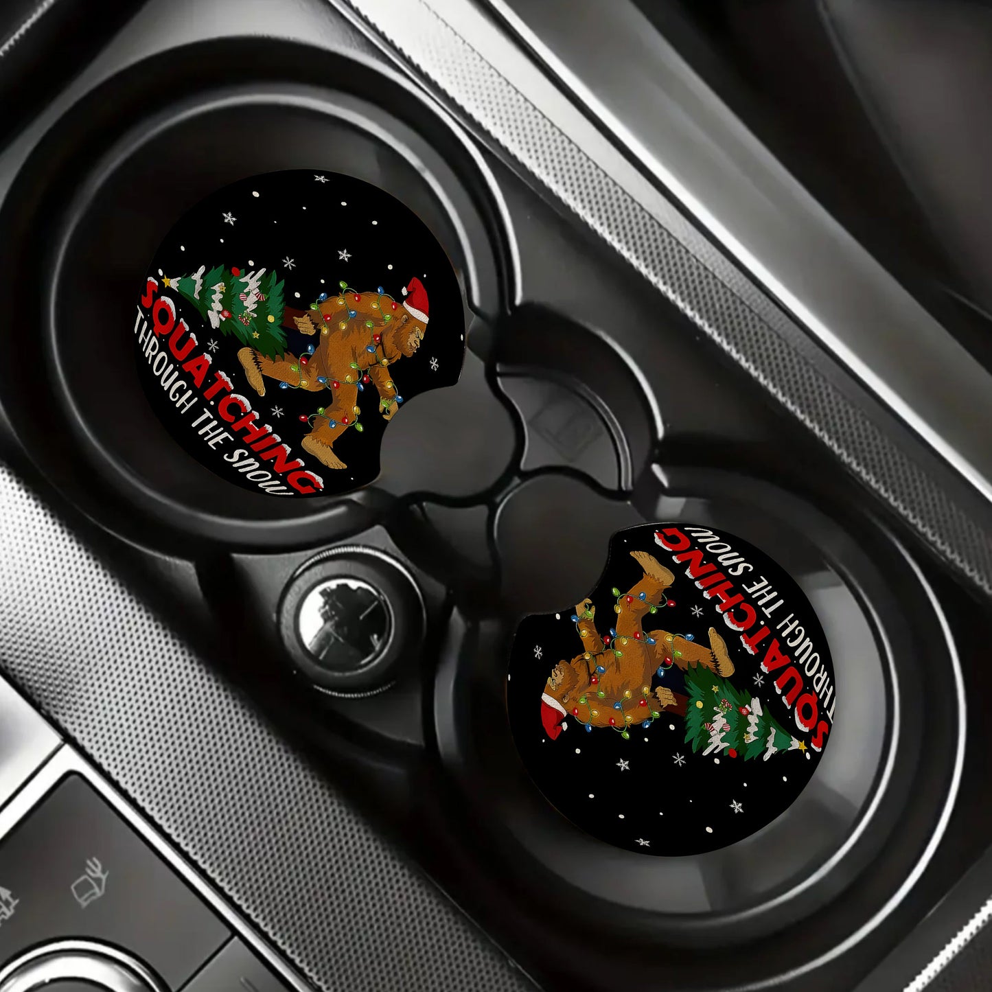 Funny Sasquatch & Christmas Tree Car Coaster