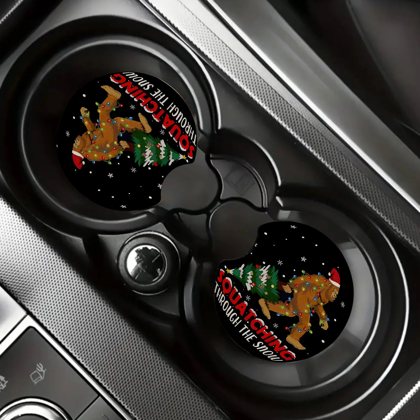 Funny Sasquatch & Christmas Tree Car Coaster