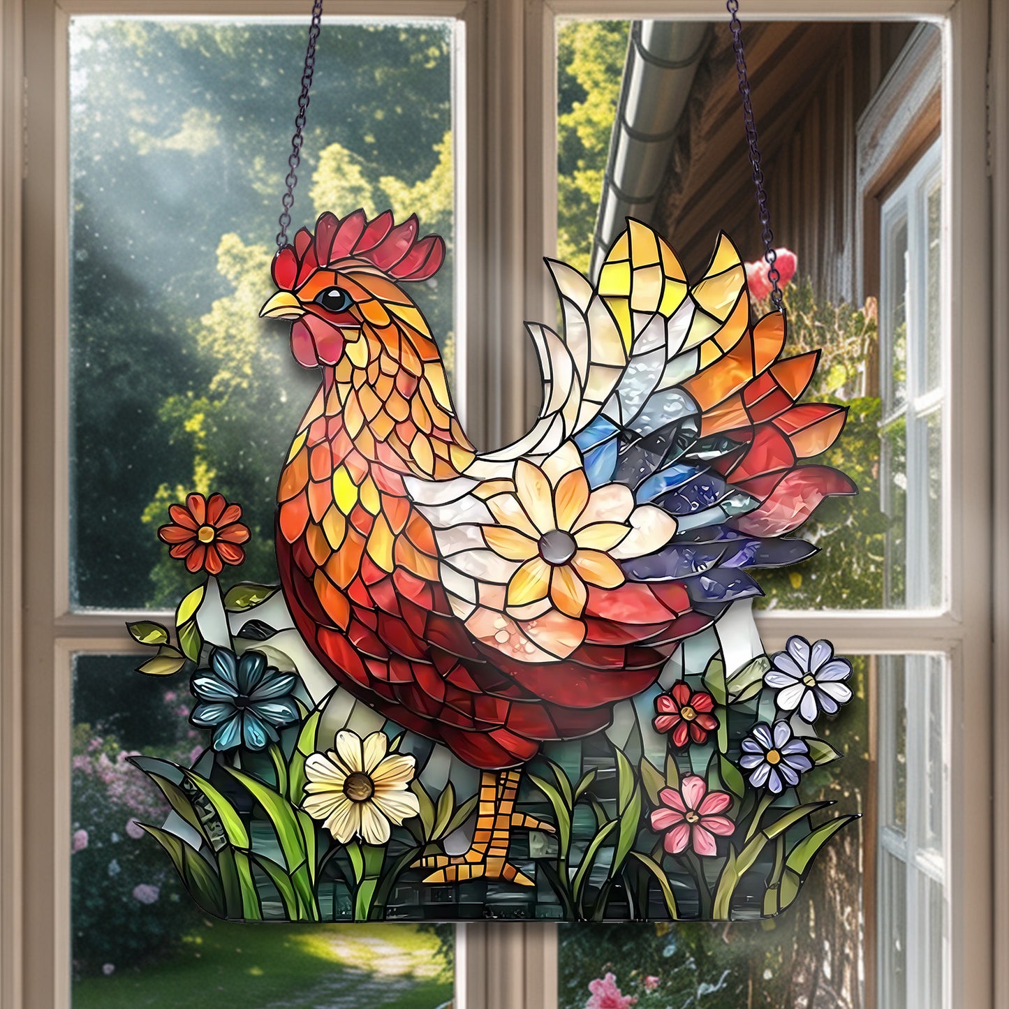 Chicken Flower Suncatcher - Personalized Shape Stained Glass Suncatcher