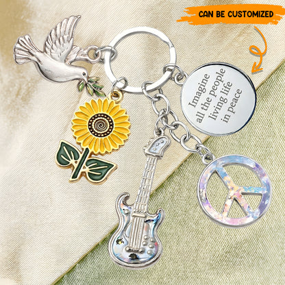 Imagine All The People Living Life In Peace - Hippie Keychain With Charms