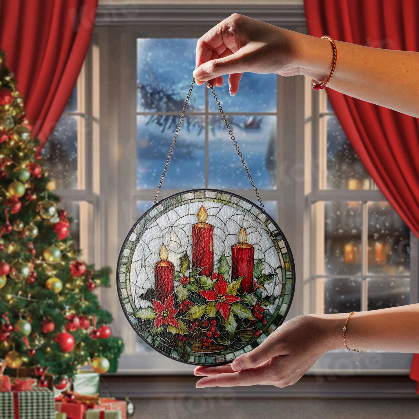 Christmas Tree & Candle Stained Glass Suncatcher