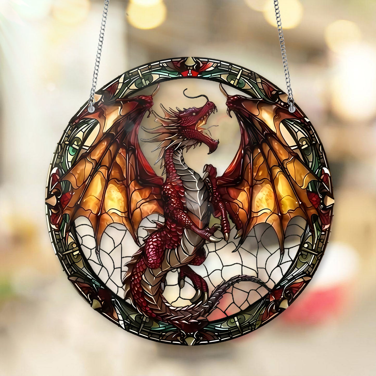 Fantasy Red Dragon Stained Glass Window Hanging