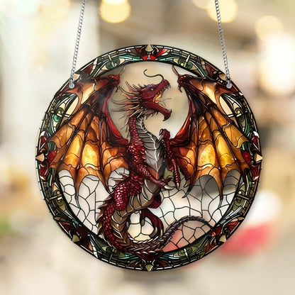 Fantasy Red Dragon Stained Glass Window Hanging