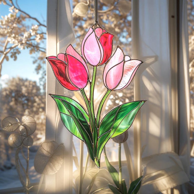 Pink Tulip Bouquet Suncatcher - Faux Stained Glass Window Hanging