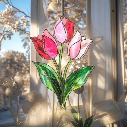 Pink Tulip Bouquet Suncatcher - Faux Stained Glass Window Hanging