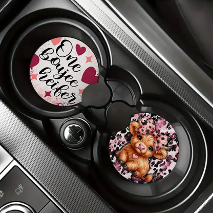 One Boujee Heifer Pink Highland Cow Car Coaster
