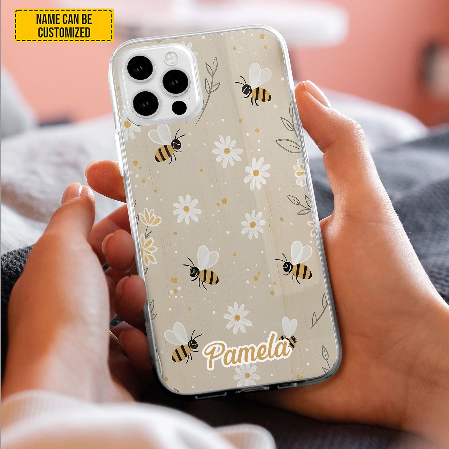 Beige Bee and Daisy Floral - Personalized Phone Case