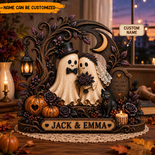 Personalized Cute Ghost Couple Wooden Block Sign – Custom Halloween Wedding Decor