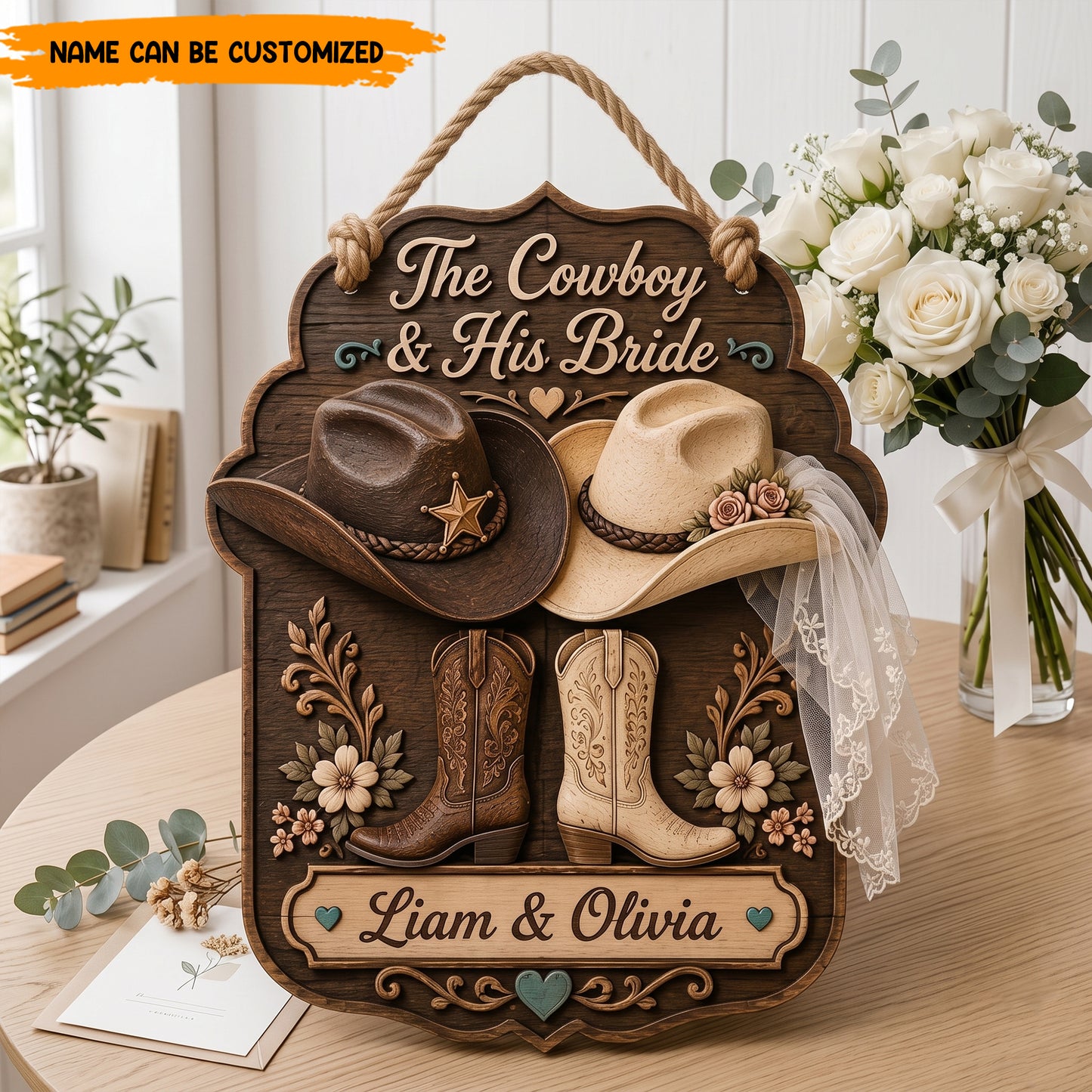 Personalized Rustic Western Wedding Wooden Block Sign,Country Wedding Gift for Couple