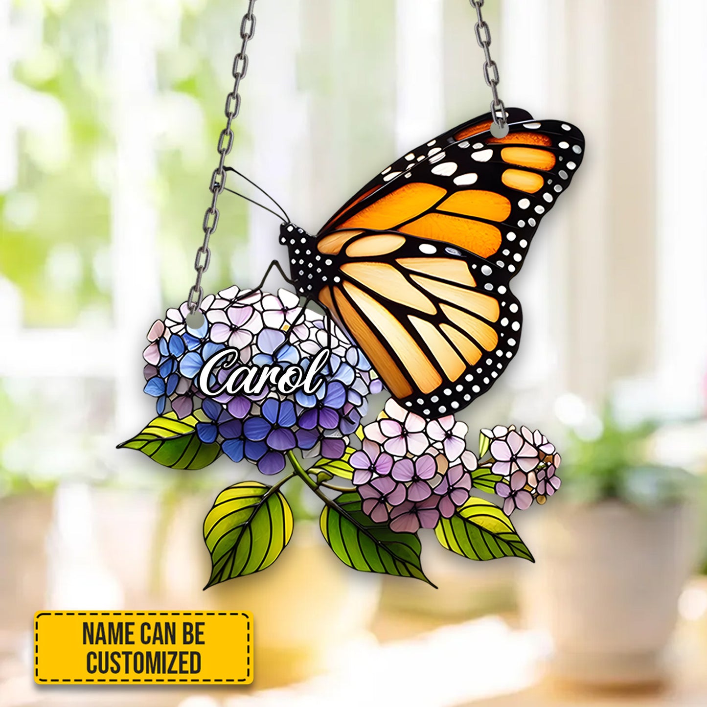 Personalized Monarch Butterfly Lavender Flowers Window Hanging Acrylic