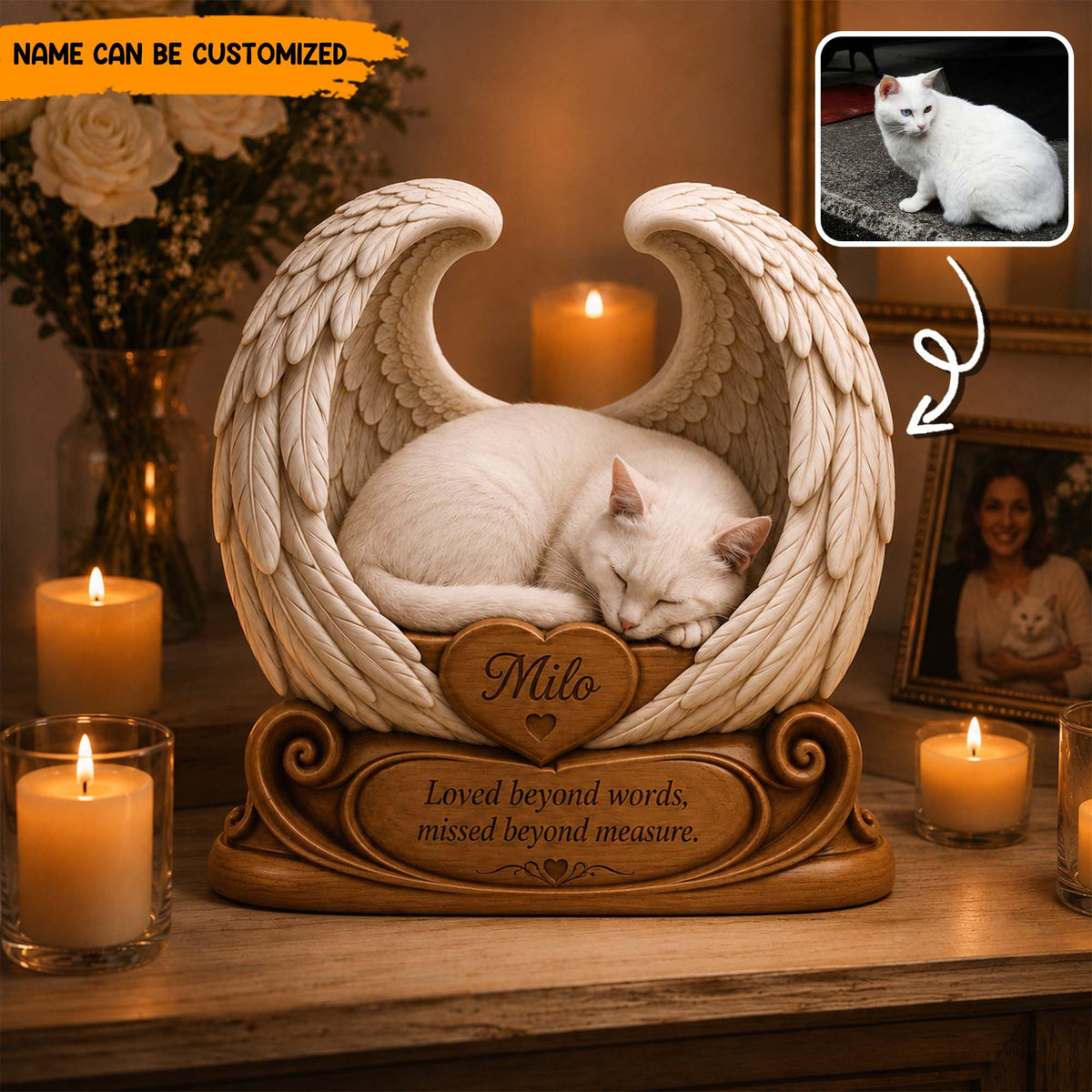 Personalized Pet Memorial Wooden Block, Custom Pet Photo Angel Wings Keepsake