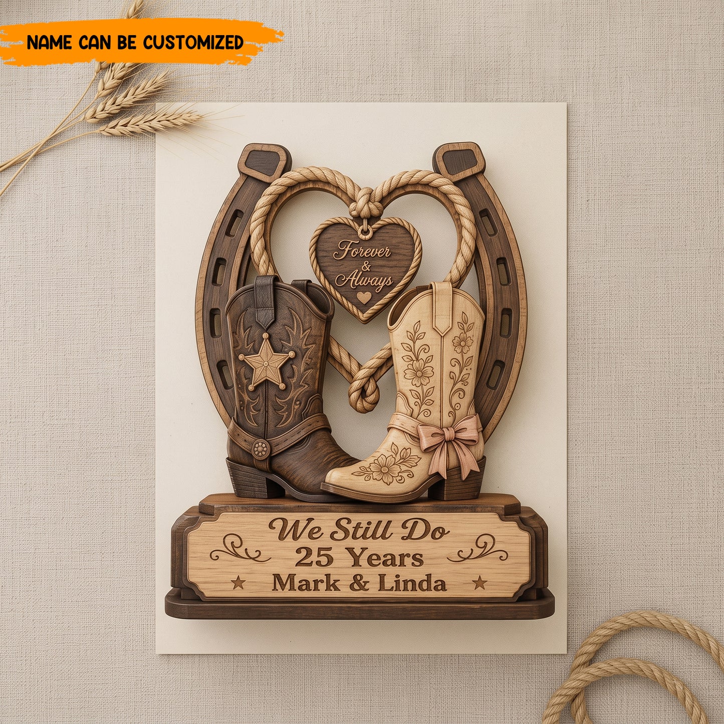 Personalized Western Cowboy Boots & Horseshoe Wooden Block - Forever & Always Anniversary Gift