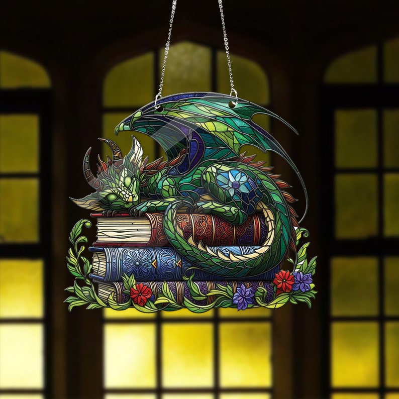 ACRYLIC Dragon Sleep Over Books Window Hanging